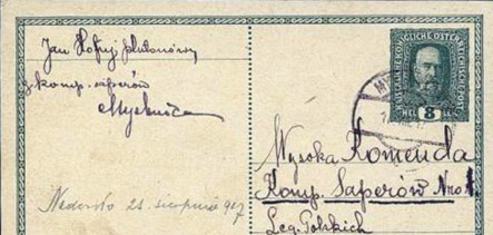 Karta pocztowa wysłana z Myślenic 17 sierpnia 1917 